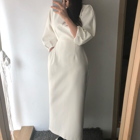 Robe mi-longue élégante de bureau, Sexy, couleur unie, pour femmes, mode, robe mi-longue Slim ► Photo 1/6