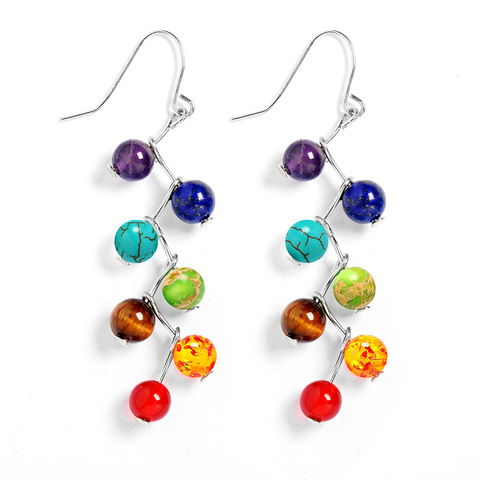 Boucles d'oreilles en pierre naturelle de Yoga 7 chakra, améthystes de 6mm, pierre d'oeil de tigre, Opalite, verte, or, vague, aiguille incurvée, bijoux de guérison en cristal ► Photo 1/4