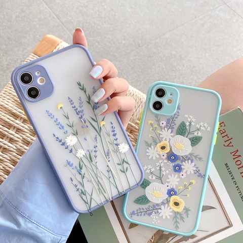 Mode Fleur Mat Étui de Téléphone Transparent Pour iPhone 11 12 Pro X XR XS Max SE2022 7 8 plus 6 6s Plus Antichoc Housse En Silicone ► Photo 1/6