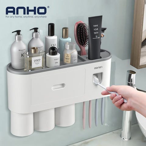 Porte-brosse à dents mural automatique dentifrice presse-agrumes distributeur Adsorption magnétique inversé tasse support de rangement salle de bain accessoire ► Photo 1/6