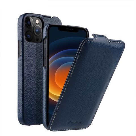 Étui à rabat en cuir véritable pour iPhone, pour modèles 12 Pro Max, 12 Pro, Mini Business de luxe, à ouverture verticale, en véritable cuir de vache ► Photo 1/6