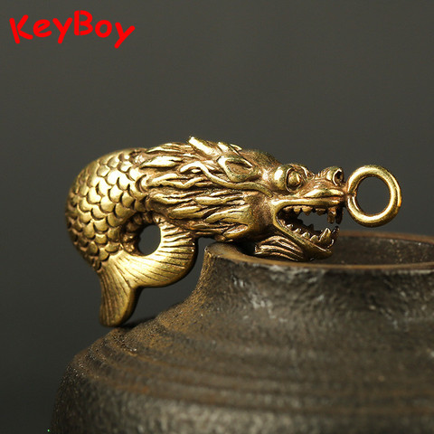 Porte-clés porte-bonheur Feng Shui en cuivre, Vintage, tête de Dragon, queue de poisson, pendentifs traditionnels chinois ► Photo 1/6