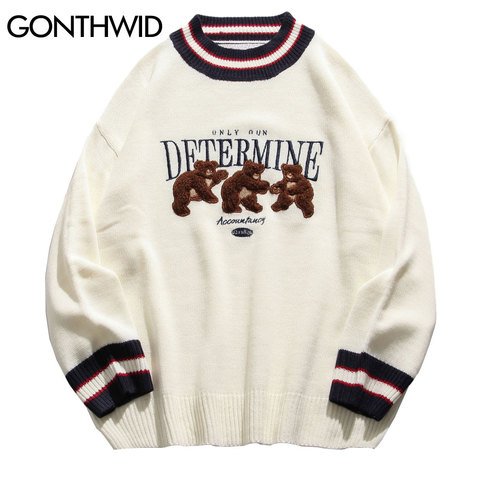 GONTHWID – pull tricoté à rayures pour homme, pull en Patchwork, motif ours, style Streetwear, Hip Hop, décontracté, Harajuku, à la mode ► Photo 1/6