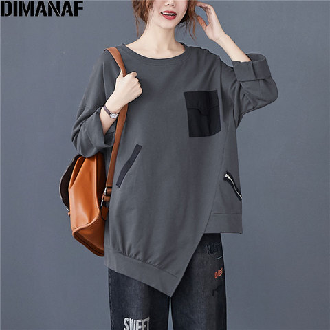 DIMANAF 2022 grande taille femmes T-Shirt décontracté Vintage Patchwork pull à fermeture éclair coton solide automne T-Shirt nouveau grande taille hauts ► Photo 1/6