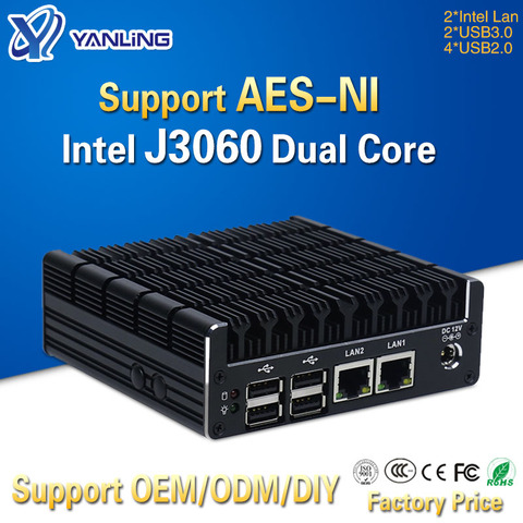 Yanling dernier Intel J3060 sans ventilateur Mini PC double Gigabit Lan NUC boîtier Barebones ordinateur Linux prise en charge 2 HD AES-NI Pfsense VPN ► Photo 1/6