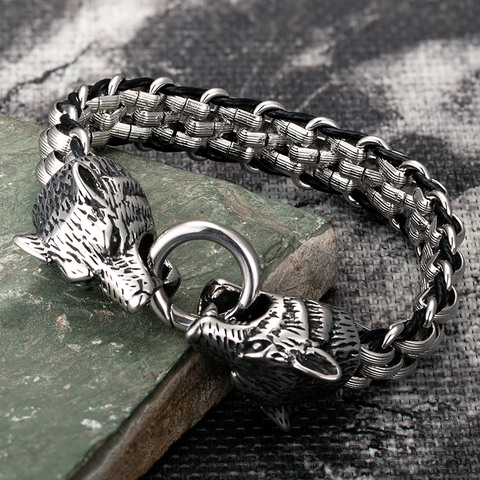 Bracelets tête de loup en acier inoxydable pour hommes, breloque en cuir, Punk Biker, bijoux Rock Viking, accessoires de mode, cadeaux ► Photo 1/6