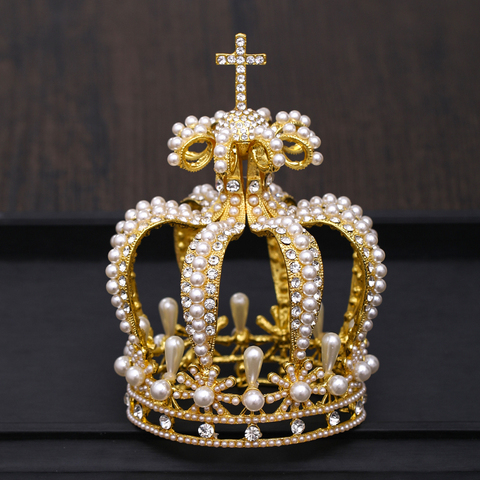 Couronne de mariée avec perles en cristal, style Baroque, couronne ronde dorée, reine, diadème, bijoux de fête de mariage, accessoires pour cheveux ► Photo 1/6