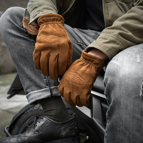 Gants de printemps en cuir véritable givré pour hommes, pour moto, doigt complet avec fourrure, Vintage, marron, cuir de vache, NR65 ► Photo 1/6