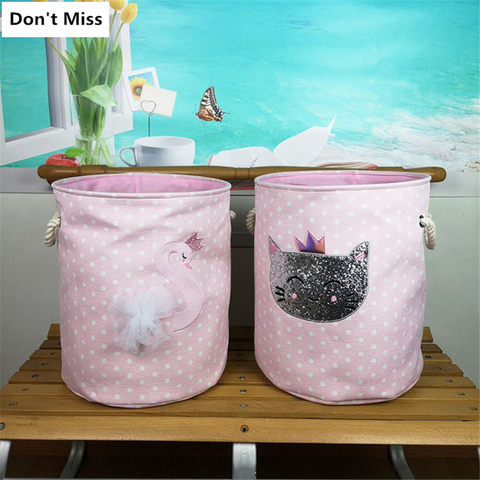 Panier à linge pliable de couleur rose, pour vêtements sales, porte-jouets de dessin animé chat cygne pour enfants, sac de rangement, conteneur panier à linge ► Photo 1/6