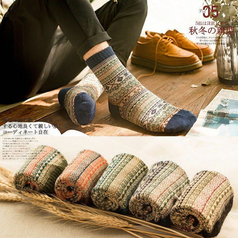 5 paire hommes Vintage ethnique laine chaud longues chaussettes à carreaux rayé géométrique côtelé tricot ► Photo 1/6