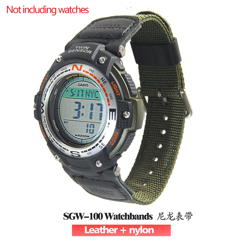 Bracelet de montre étanche en Nylon et cuir vert militaire, pour casio SGW-100, accessoires de montre de Sport conduite SGW100 ► Photo 1/3