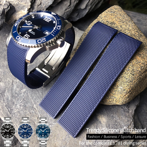 Bracelet de montre en caoutchouc Silicone, 19mm, 20mm, 21mm, noir et bleu, pour Longines master quest, série L3 ► Photo 1/6