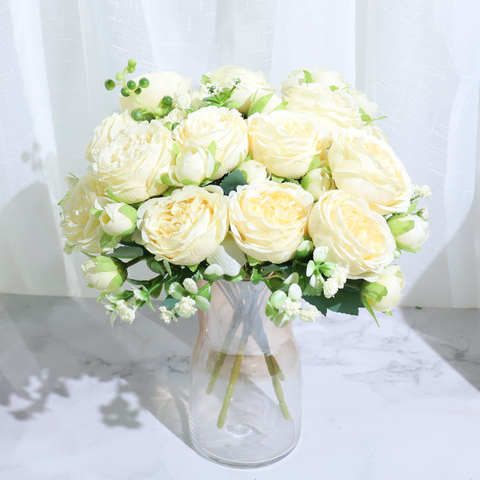 Bouquet de roses et de pivoines artificielles en soie, petites fleurs blanches, pour décoration de mariage, pour la maison, pour l'hiver, meilleure vente ► Photo 1/6