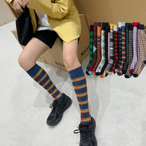 Salina femmes chaussettes Tube au genou coton hiver et printemps peigné Plaid mode avec personnalité et Sports de loisirs confortables ► Photo 1/6