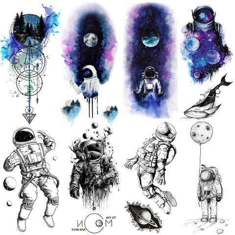 Faux tatouages temporaires d'astronaute 3D aquarelle pour enfants, femmes, hommes, espace, hommes, cosmonaute planète dauphin ► Photo 1/6