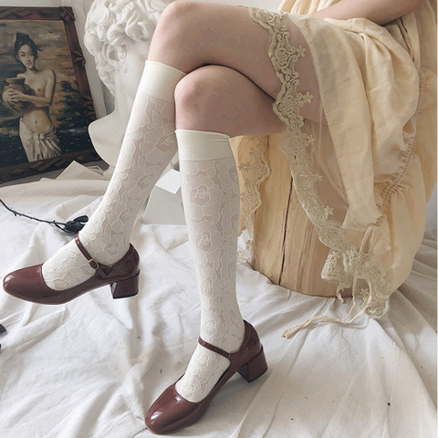 Rétro broderie florale bas femmes haute Ealstic longue genou chaussettes filles été mode collants jambe robe Calcetine ► Photo 1/6