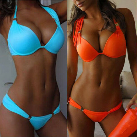 Femmes bleu/Orange Sexy licou couleur unie Bikini ensemble de soutien-gorge Push-up rembourré pansement maillot de bain plage deux pièces costumes ► Photo 1/3