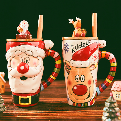 Grandes tasses à café de noël de 600ml, en céramique, avec couvercle, motif dessin animé, cadeaux de noël pour enfants, décor de bonne année ► Photo 1/6