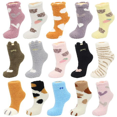 PEONFLY – chaussettes en peluche pour femmes, mignonnes, en forme de cœur, de dessin animé, épaissie, sommeil chaud, chaussettes de noël douces, Kawaii ► Photo 1/6