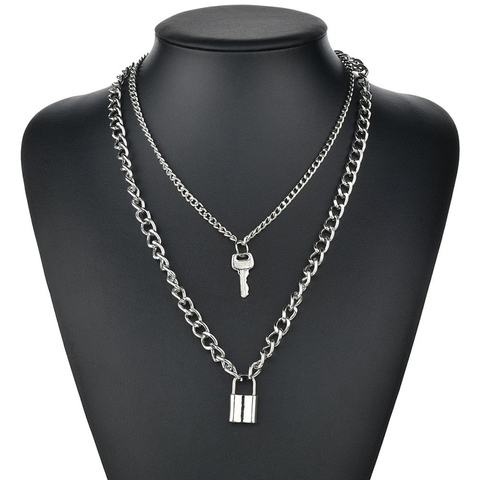 Mignon Simple chaîne lien serrure Collier pendentif femmes couleur argent mode Goth bijoux parti Punk Maxi Collier Long Collier cadeau ► Photo 1/6