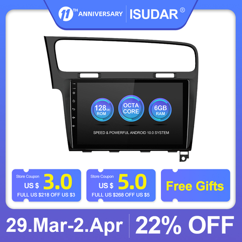 Lecteur multimédia de voiture d'octa de noyau de RAM 6GB ROM 128GB FM aucun 2DIN Radio androïde 10 d'isudar V72 pour VW/Volkswagen/Golf 7 GPS ► Photo 1/6