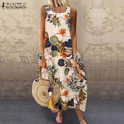 ZANZEA été femmes Vintage sans manches robe florale imprimé longue robe coton lin robe de soleil Baggy plage Vestido Sarafans 5XL 7 ► Photo 1/6
