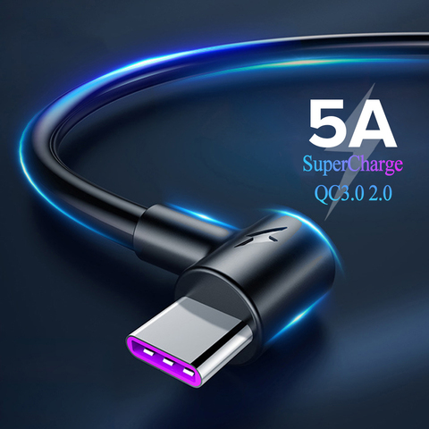 Câble Usb type-c 5A à 90 degrés Quick Charge QC 3.0/QC 1.5, 2/3 mètres, cordon de chargeur usb-c 5G pour téléphone Huawei P40 Mate 30 Pro/P30 Lite ► Photo 1/6