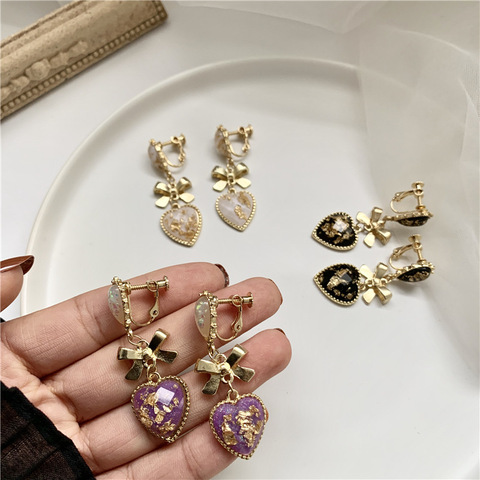 Doux français rétro Baroque palais violet coeur Clips boucles d'oreilles tempérament en forme de coeur noeud oreille Clips boucles d'oreilles pas de Piercing femmes ► Photo 1/6