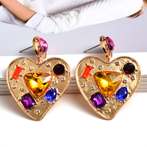 Boucles d'oreilles en métal cristal coloré en forme de cœur, accessoires de bijoux pour femmes, tendance, nouvelle collection, vente en gros ► Photo 1/6