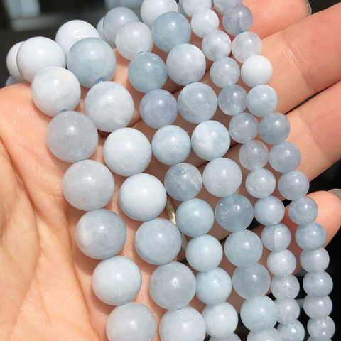 Perles de pierre aigue-marine bleues pour la fabrication de bijoux 6 8 10mm perles entretoises en vrac rondes lisses Bracelet à bricoler soi-même accessoires de breloques 15'' ► Photo 1/6