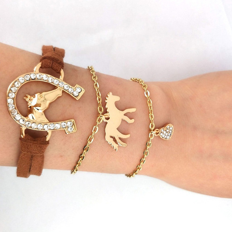 Hzew 3 pièces/ensemble cuir corde cheval tête fer à cheval bracelet couleur or cheval coeur bracelets ► Photo 1/6