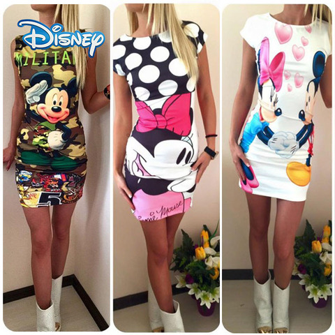 Disney Mickey Minnie Mouse robe femmes mode impression col rond sans manches été Mini robes moulante mince décontracté crayon Vestidos ► Photo 1/6