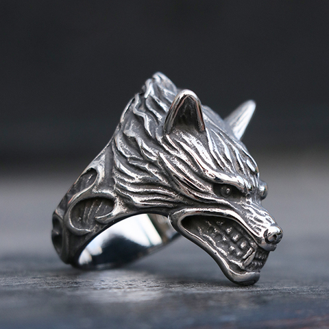 Bague Viking en acier inoxydable 316L pour hommes, anneau tête de loup, Animal, amulette nordique, bijoux, livraison directe, taille 7-13 ► Photo 1/6