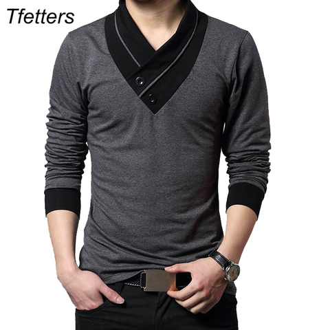 TFETTERS marque automne mode hommes T-shirt hommes Patchwork col en v à manches longues coupe ajustée T-Shirt coton grande taille 4XL ► Photo 1/6