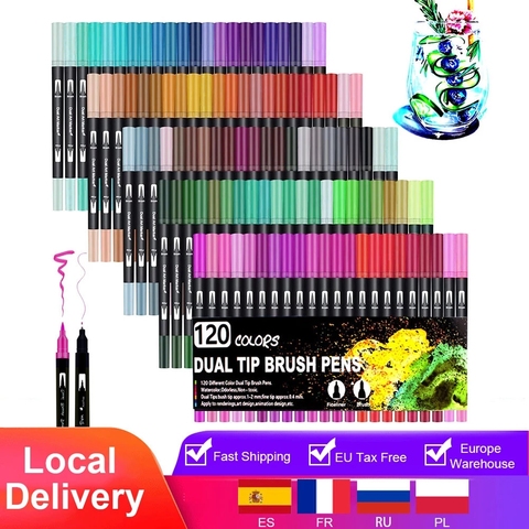 Aquarelle stylo pinceau marqueurs double pointe Fineliner dessin pour coloriage Art marqueurs 12 24 36 48 60 72 100 120 couleurs stylos ► Photo 1/6