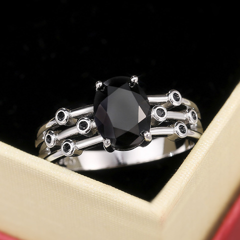 Huitan – bague Punk avec pierres ovales noires pour femme, anneau à trois rangées de personnalité Cool, accessoires de mode pour fête de danse, cadeau d'anniversaire pour fille ► Photo 1/6