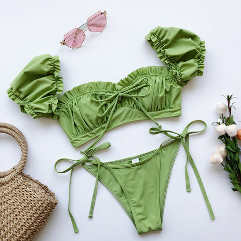 Maillot de bain à plis et manches courtes, ensemble deux pièces Sexy, soutien-gorge Push Up, vert uni, léopard, rembourré, Micro, Bikini, pour femmes, à lacets, maillot de bain bandeau ► Photo 1/5