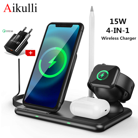 Station chargeur sans fil 15W support de charge sans fil rapide 4 en 1 pour iPhone 12 11 Pro XR XS X Apple Watch 6 5 4 3 Airpods crayon ► Photo 1/6