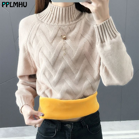 Décontracté plus velours tricoté chandails côtelés pour les femmes hiver chaud couleurs solides pulls nouveauté coréen pull en tricot femme ► Photo 1/6