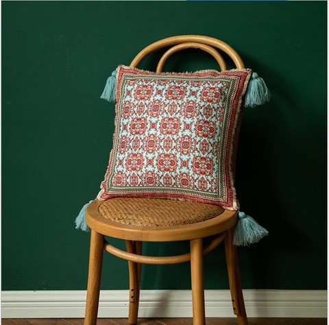 Housse de coussin Vintage rouge vert, décoration avec des glands en ruban, Style Boho ethnique, oreiller de canapé 43x4 3cm/30x50cm ► Photo 1/6