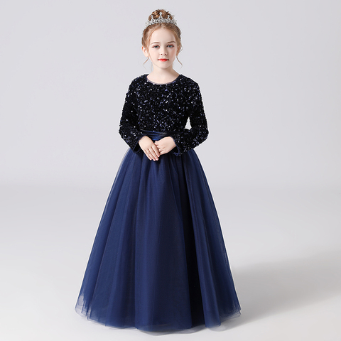 Robe de soirée pour filles, manches longues, paillettes, bouffantes, en Tulle, pour fête d'anniversaire, pour enfants, robes de demoiselle d'honneur, noire ► Photo 1/6