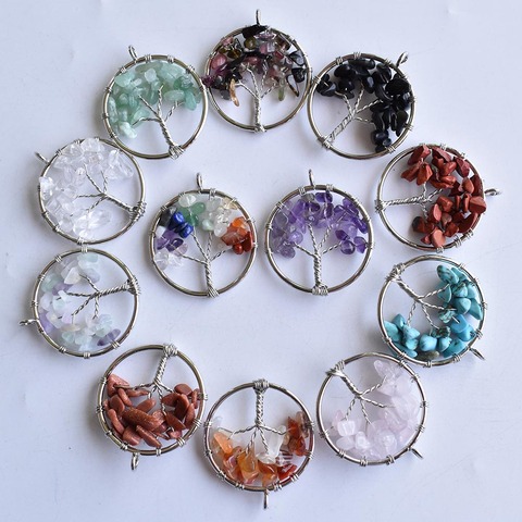 Pendentifs enroulés en pierre naturelle mixte, arbre de vie, fil de couleur, fait à la main, 30mm, pour marquage de bijoux, vente en gros, 12 pièces/lot ► Photo 1/6