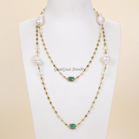 GG – ensemble collier et boucles d'oreilles en cristal vert, 43 pouces, bijoux Keshi blanc, perle ► Photo 1/6