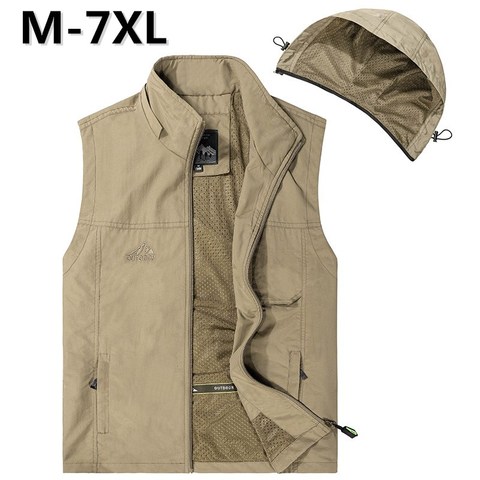 Gilet de pêche à capuche multi-poches pour hommes, maille fine, respirant, Sports de loisirs, randonnée en plein air, voyage, printemps et été, 7XL ► Photo 1/6