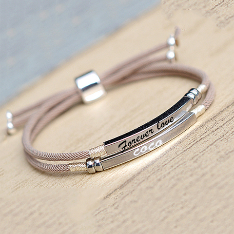 925 argent Sterling personnalisé barre Bracelet gravé nom Date lettre deux couches à la main rose corde personnalisé femme bijoux ► Photo 1/6