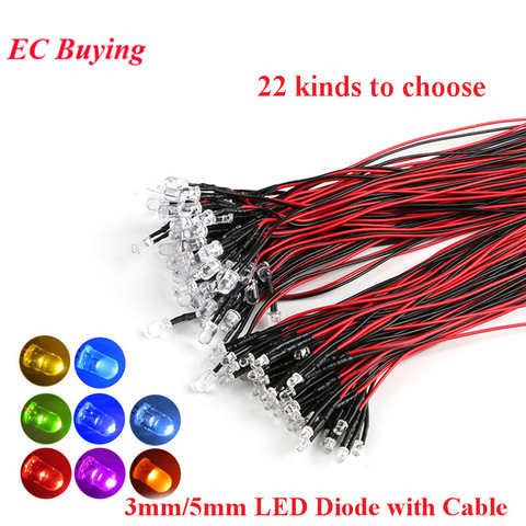 Diodes électroluminescentes RGB LED, 3MM/5MM, 20cm, rouge, jaune, bleu, vert, blanc, chaud, rose, violet, Orange, avec câble, 5 pièces ► Photo 1/4