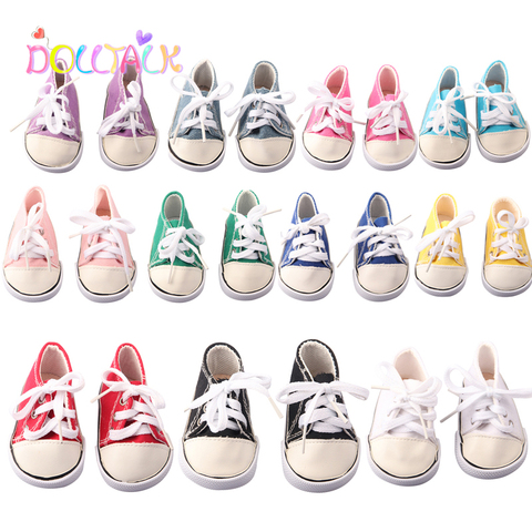 Chaussures Mini poupée pour bébé fille, 43 Cm, avec chaussettes, baskets simples à lacets, 11 couleurs, 7.5 Cm de Long, jouets pour filles, 18 pouces, nouvelle collection ► Photo 1/6