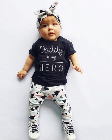 3 pièces nouveau-né bébé fille vêtements papa est mon héros tenues ensemble infantile à manches courtes T-shirt + pantalon + bandeau enfant en bas âge vêtements costume ► Photo 1/6