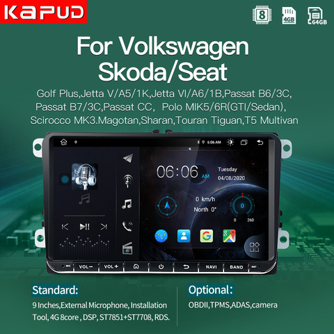 Kapud Autoradio lecteur stéréo Android10 9''Multimidia Autoradio Gps classique pour VW/Volkswagen/Passat/Golf/Polo/Octavia/Tiguan/B7 ► Photo 1/6