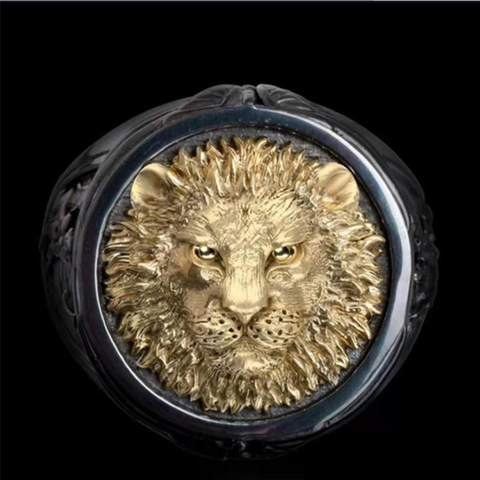 Chevalière homme vif grand or tête de lion homme noir bague bicolore luxe bague punk bague homme ange et diable bague ► Photo 1/6